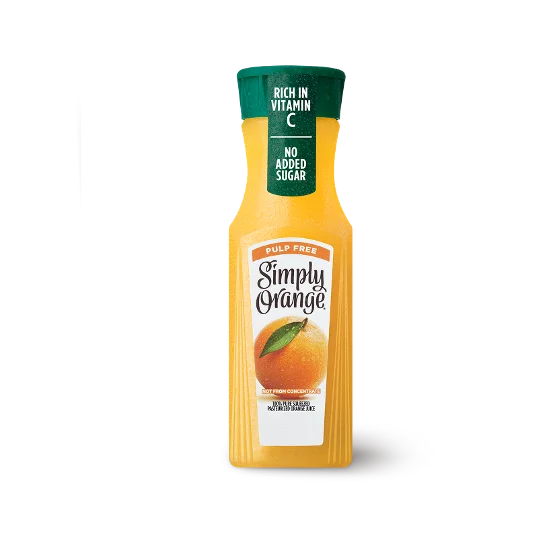 Wendy’s Simply Orange Juice in a clear bottle, featuring 100% pure-squeezed orange juice with no added sugar.