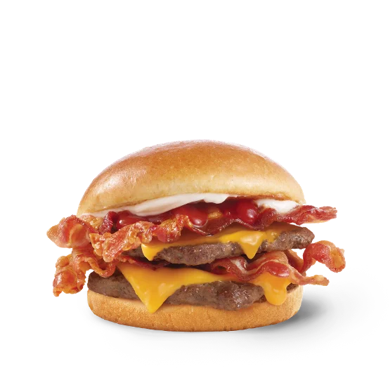 Wendy’s Son of Baconator® with two small beef patties, crispy bacon, cheese, ketchup, and mayo on a toasted bun.