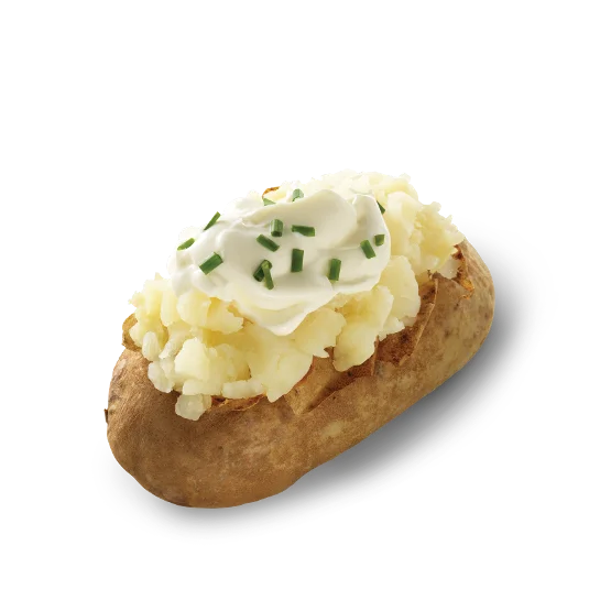 Wendy’s Sour Cream and Chive Baked Potato served hot with fluffy potato, cool sour cream, and chopped chives.