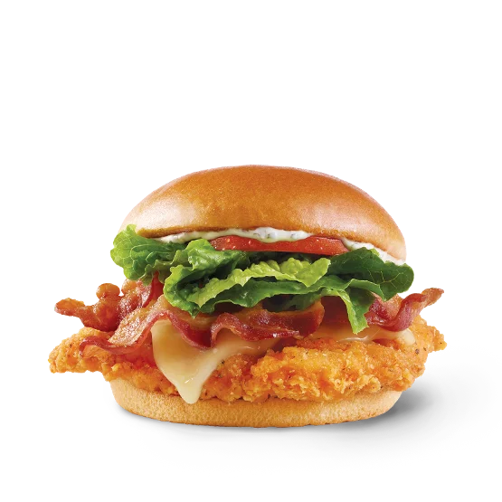 Wendy’s Spicy Asiago Ranch Chicken Club with a spicy crispy chicken breast, Applewood smoked bacon, Asiago cheese, lettuce, tomato, and ranch on a toasted bun.