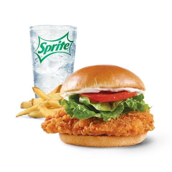 Wendy’s Spicy Chicken Sandwich Combo with a crispy spicy chicken sandwich, fries, and a cold drink on a tray.