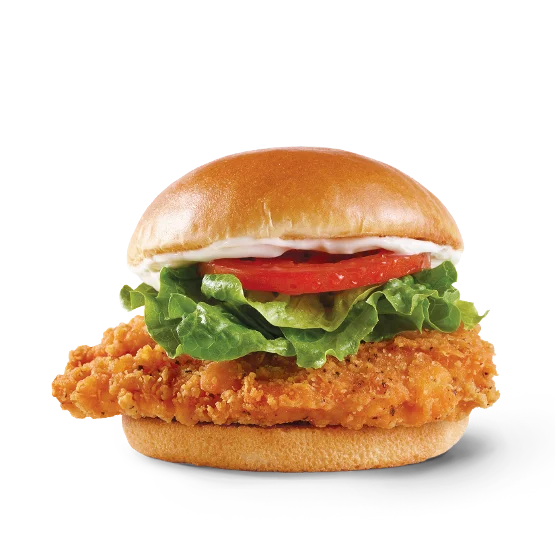 Wendy’s Spicy Chicken Sandwich with a crispy chicken fillet, lettuce, tomato, and mayo on a toasted bun.
