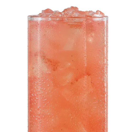 Wendy’s Strawberry Lemonade served over ice, pink in color with blended strawberry and citrus flavor.