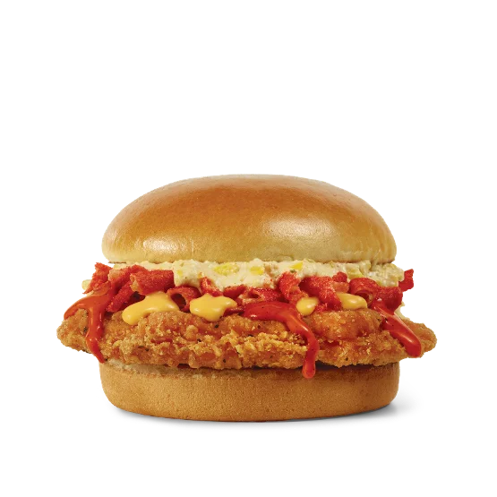 Wendy’s Takis Fuego™ Chicken Sandwich with a crispy chicken fillet coated in bold Takis seasoning, lettuce, tomato, and mayo on a toasted bun.