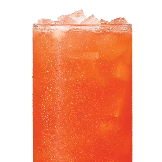 Wendy’s Tangerine Twist Lemonade served over ice with a bright citrus color and fresh, fruity flavor.
