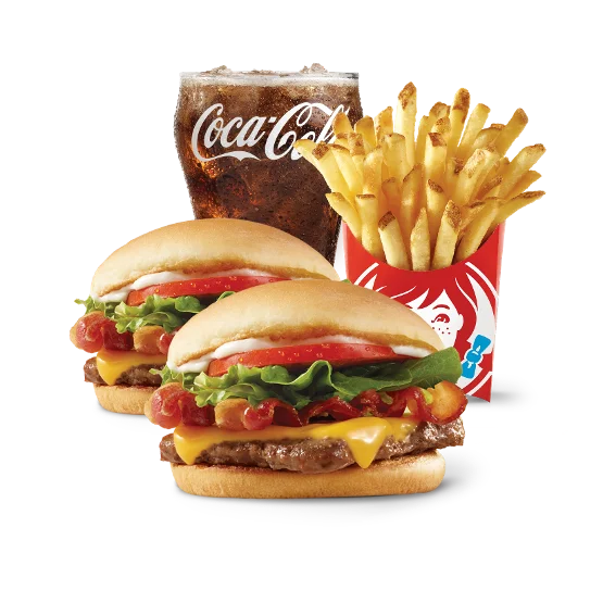 Wendy’s $8 JBC Meal Deal with a Jr. Bacon Cheeseburger, nuggets, fries, and a soft drink on a tray.