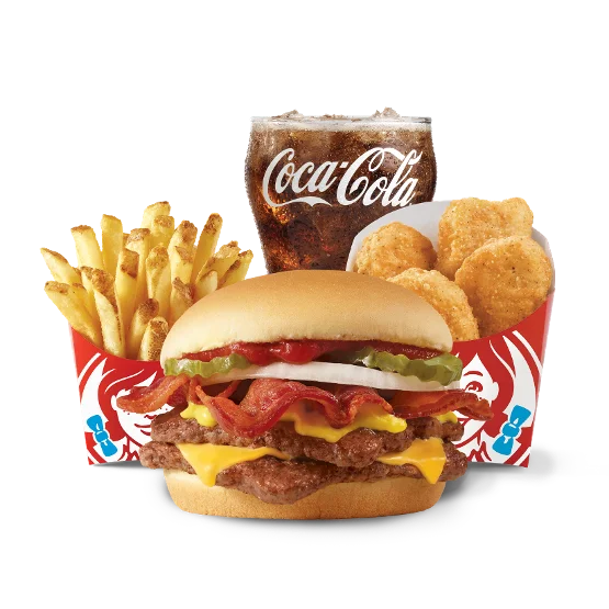 Wendy’s Bacon Double Stack™ Biggie Bag® with burger, nuggets, fries, and drink on a serving tray.