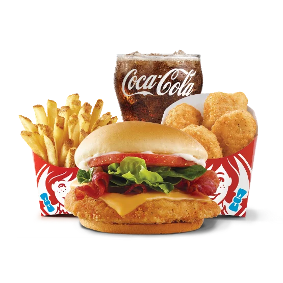 Wendy’s Crispy Chicken BLT Biggie Bag® with chicken sandwich, nuggets, fries, and a soft drink.