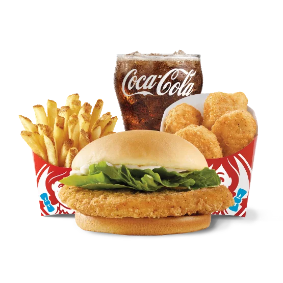 Wendy’s Crispy Chicken Biggie Bag® with crispy chicken sandwich, nuggets, fries, and a soft drink on a tray.