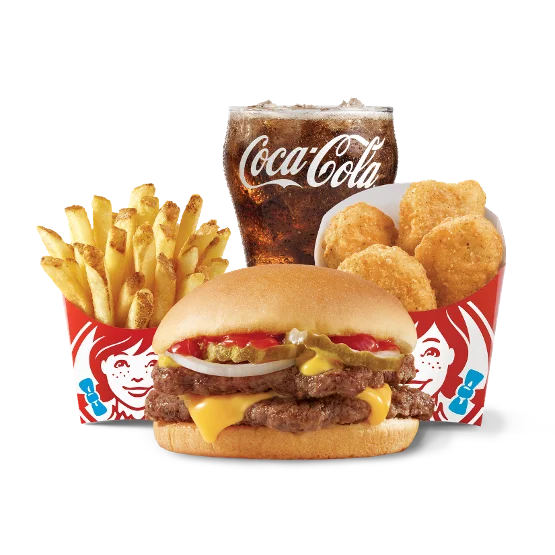 Wendy’s Double Stack™ Biggie Bag® with burger, 4 chicken nuggets, fries, and a cold drink on a tray.
