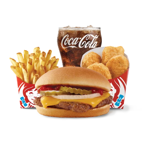 Wendy’s Jr. Cheeseburger 4 for $4 Meal with burger, nuggets, fries, and a drink on a tray.