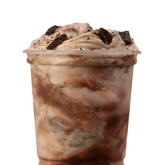 Wendy’s OREO® Brownie Twist Chocolate Frosty Fusion™ with crushed OREO® cookies and brownie chunks blended into a chocolate Frosty.