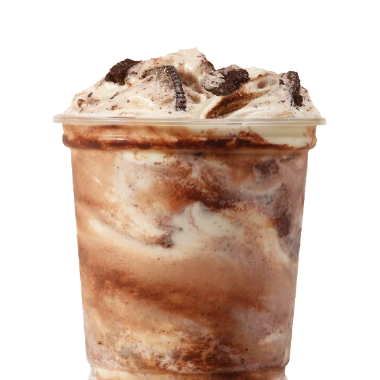 Wendy’s OREO® Brownie Twist Vanilla Frosty Fusion™ dessert with OREO® cookie crumbs and brownie chunks in a cup.