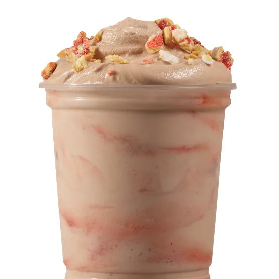 Wendy’s Pop-Tarts® Strawberry Chocolate Frosty Fusion™ with chocolate Frosty, strawberry Pop-Tarts® crumbles, and strawberry drizzle in a dessert cup.
