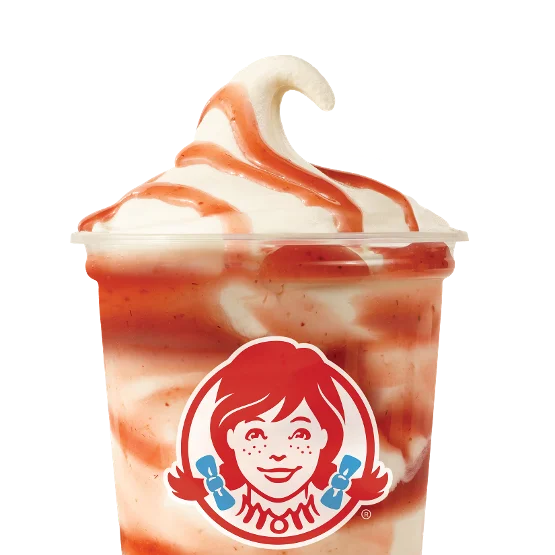 Wendy’s Strawberry Vanilla Frosty Swirl™ in a dessert cup with pink strawberry swirls in creamy vanilla Frosty.