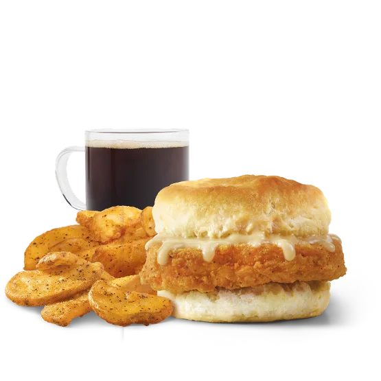 Wendy’s Honey Buddy Chicken Biscuit Combo with crispy chicken filet on a fluffy biscuit, drizzled with honey, served with seasoned breakfast potatoes and a drink.