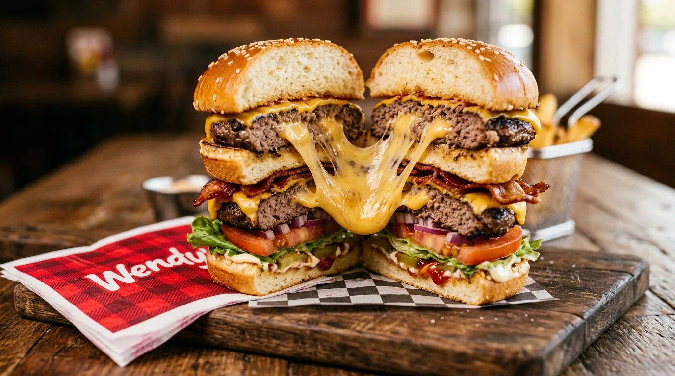 Close-up cross-section of a tall burger showing a melted cheese pull