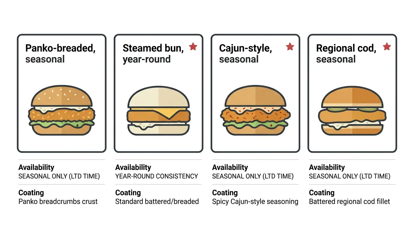 Fast food fish sandwich comparison chart of four chains by coating and availability