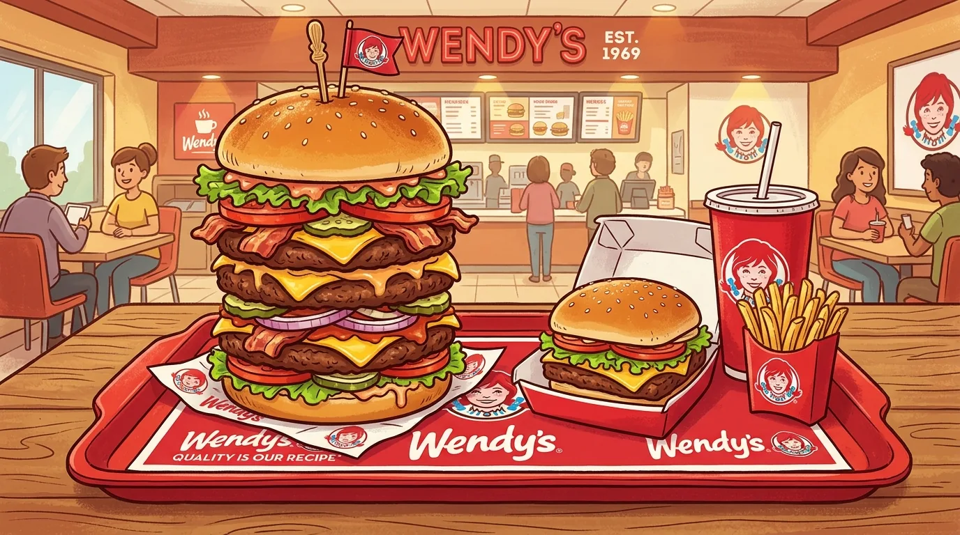 Comically huge burger next to a normal-sized Wendy's square burger for scale