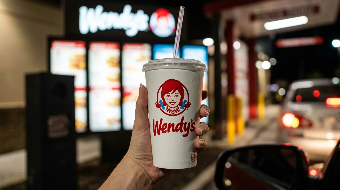 Hand holding a Wendy's branded drink cup with the drive-thru menu board in the background