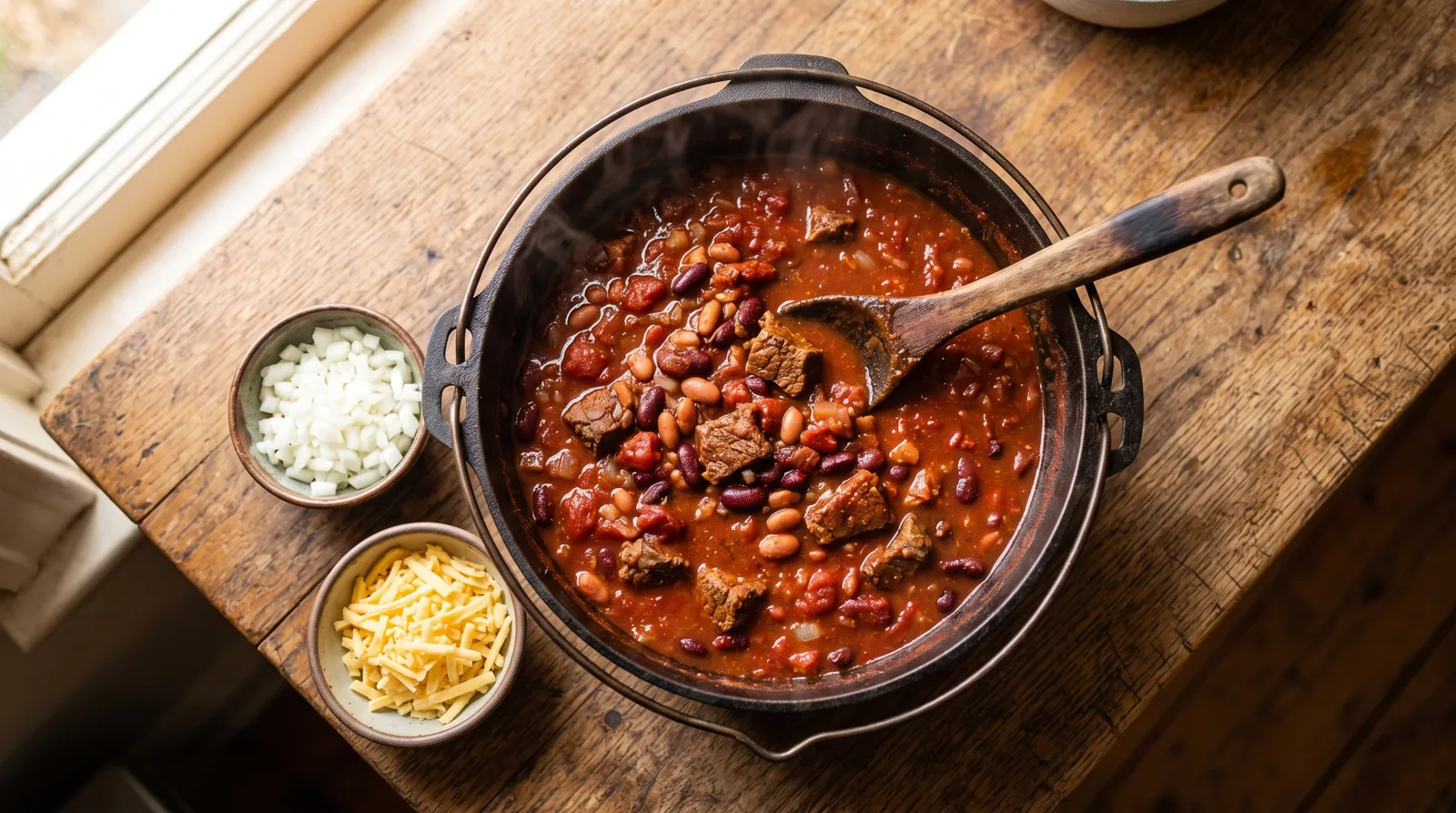 Homemade copycat Wendy's chili recipe in a cast iron pot with wooden spoon