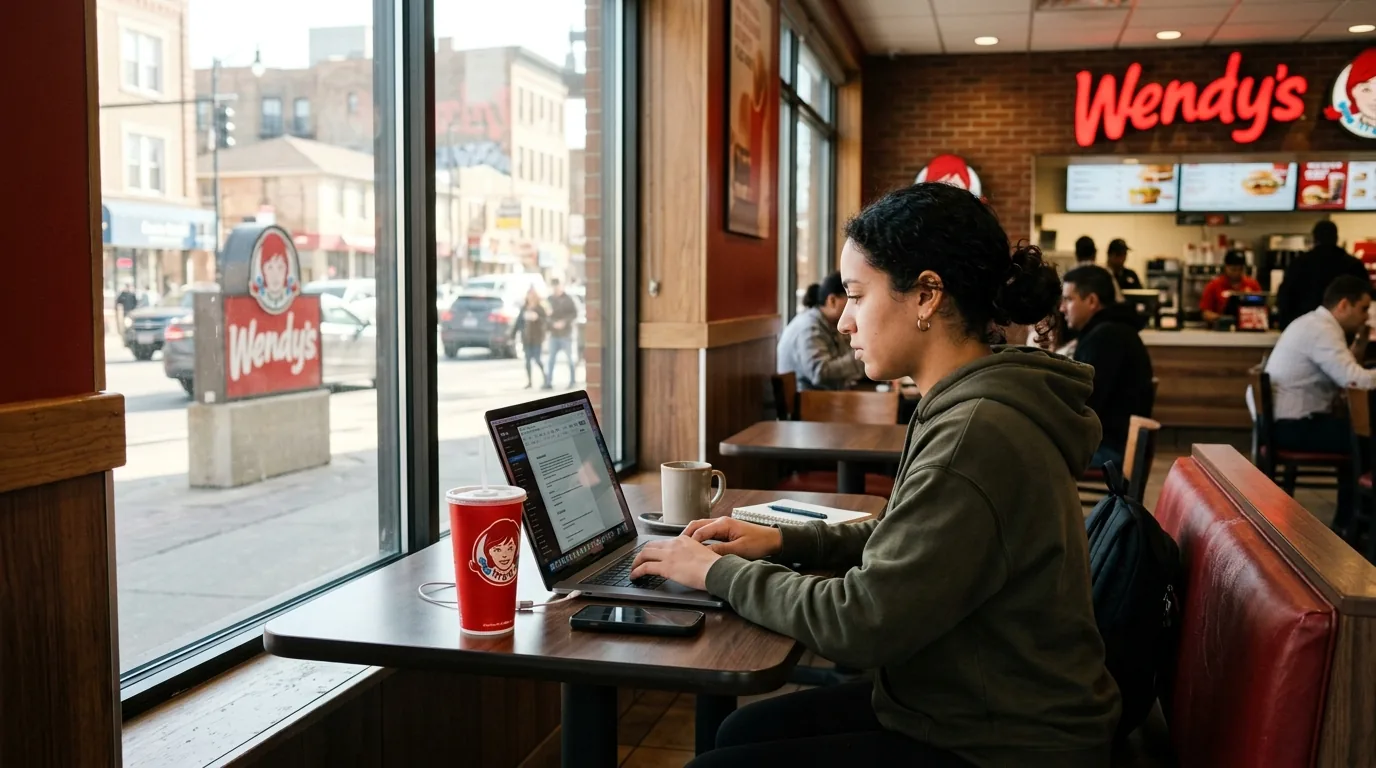 Person working on a laptop at a window booth inside a Wendy's restaurant