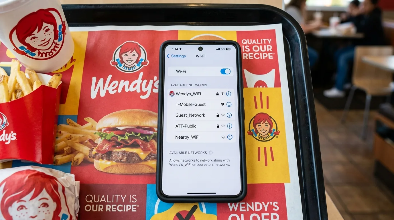 Smartphone screen showing a WiFi network list with a Wendy's network name visible