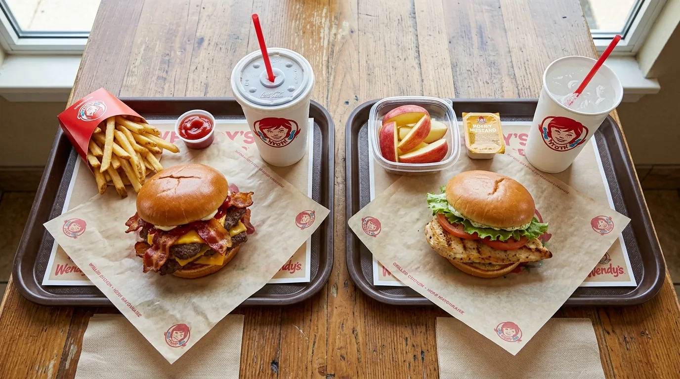 Wendy's Baconator next to a grilled chicken sandwich and apple bites for comparison