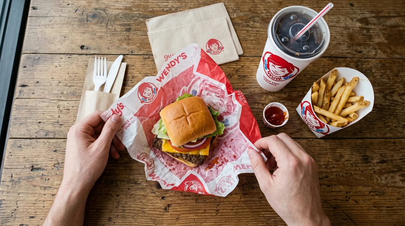 Wendy's square burger unwrapped on a table next to fries and a branded drink cup