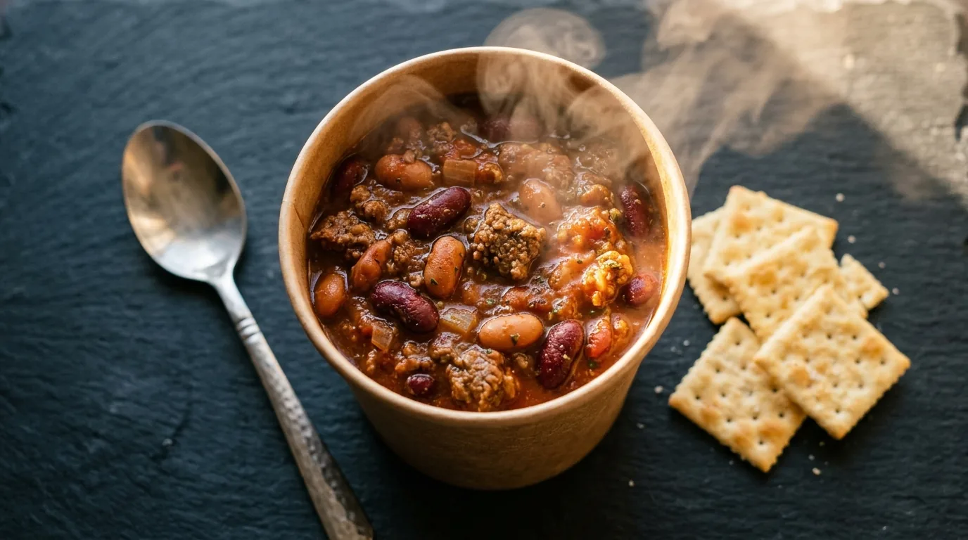 Wendy's beef and bean chili in a paper cup with visible chunks of beef and two bean varieties