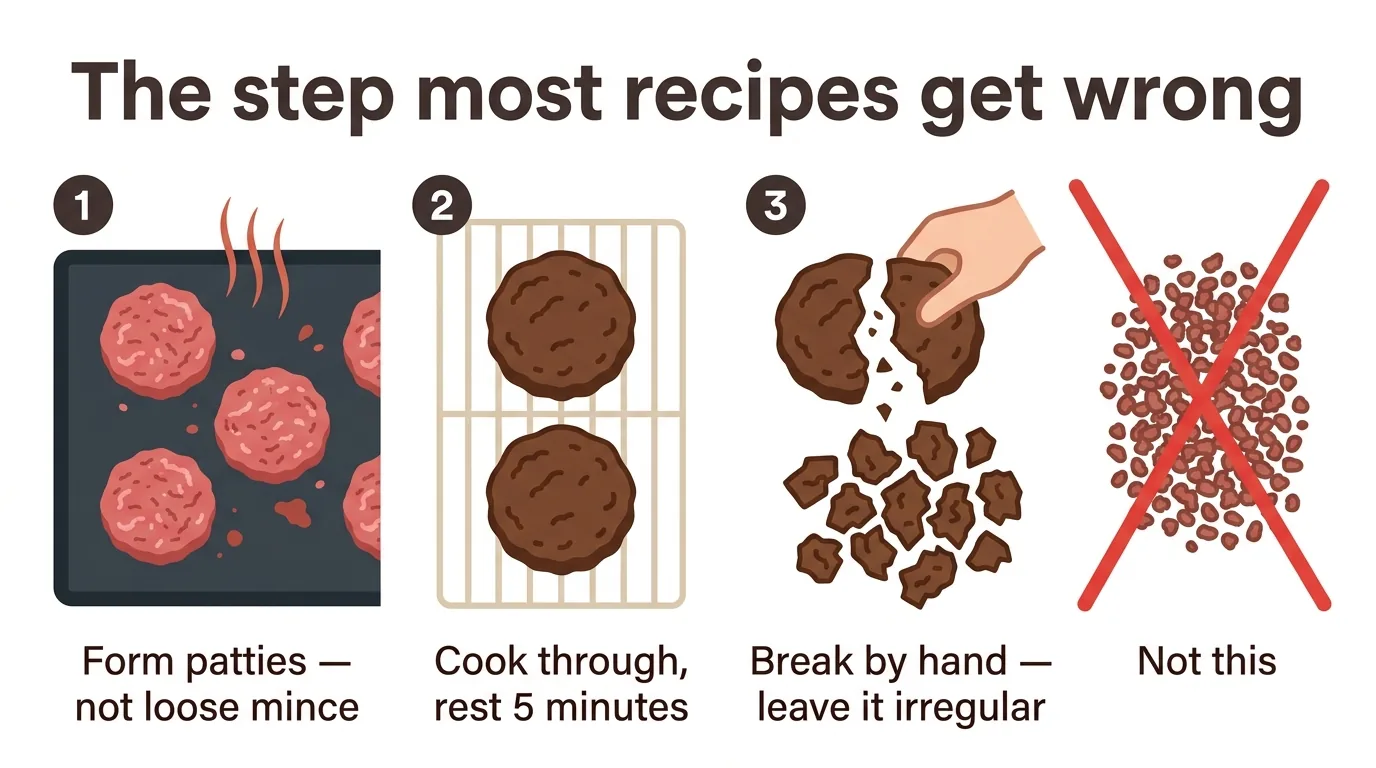 Wendy's chili beef patty technique showing patties formed then broken into irregular chunks