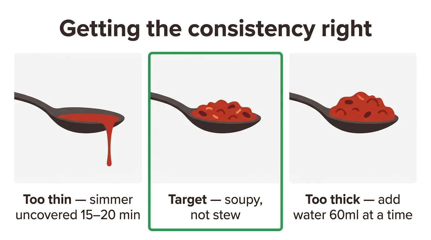 Wendy's chili consistency guide comparing too thin, target soupy and too thick results