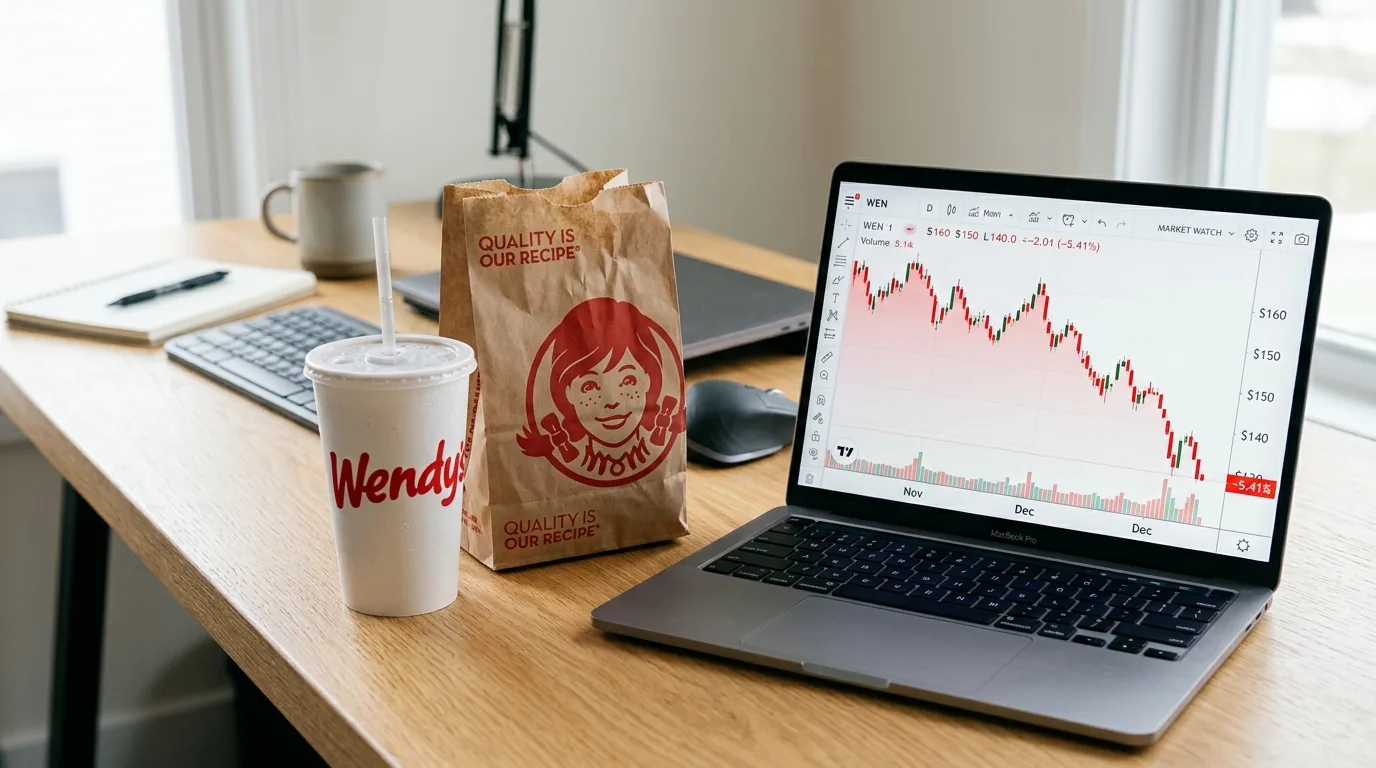 Wendy's branded cup and bag next to a laptop showing a downward stock chart
