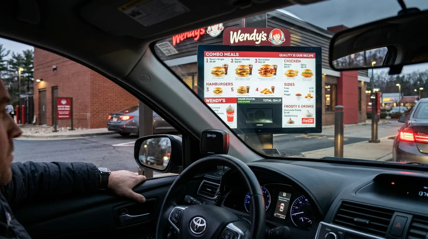 Wendy's drive-thru order screen and menu board viewed from the driver's seat