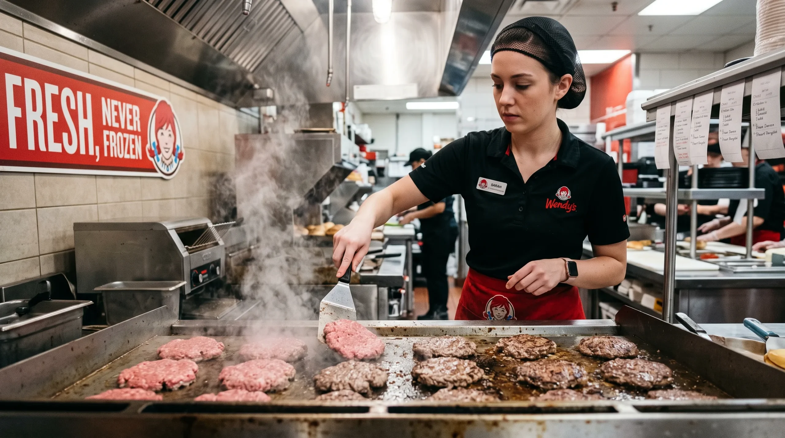 Wendy's kitchen staff grilling fresh beef patties on a flat-top grill