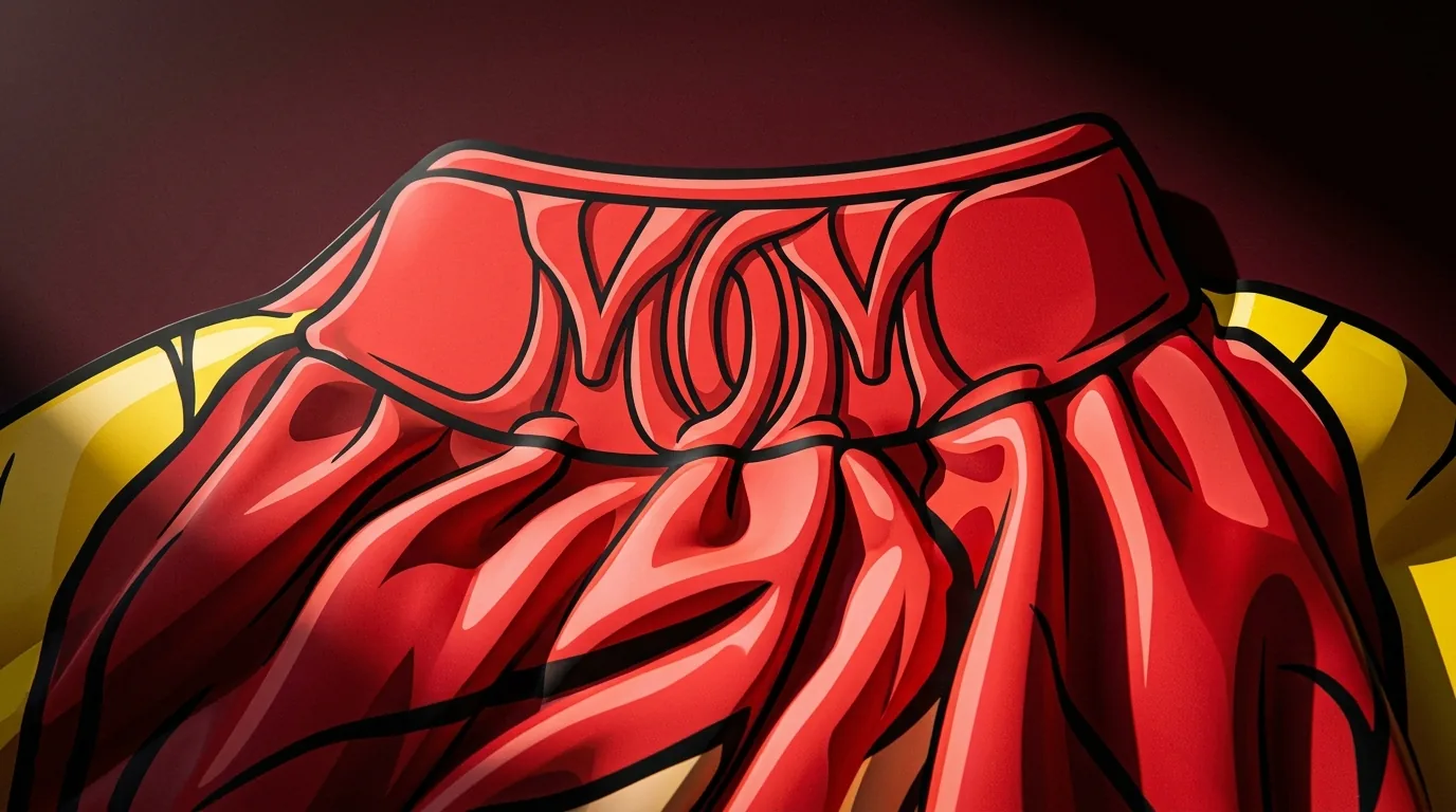 Extreme close-up of the Wendy's logo collar area at the center of the Mom myth