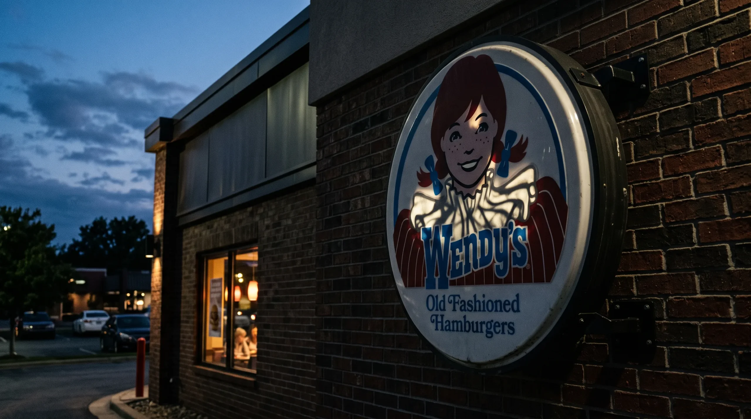 Wendy's logo sign on a restaurant exterior shot with dramatic side lighting
