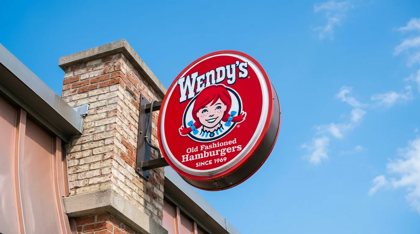 Close-up of the Wendy's logo sign mounted on a restaurant facade