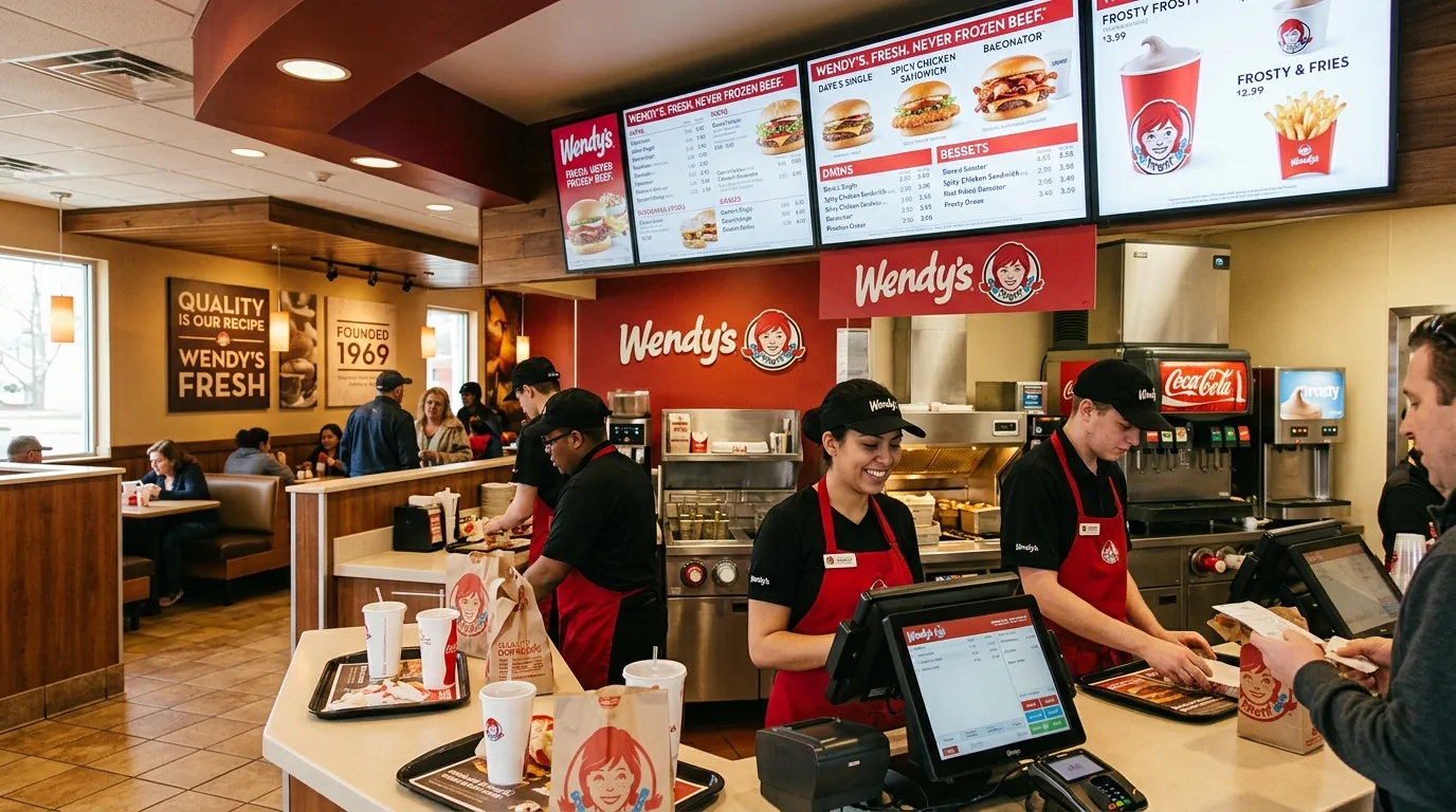 Wendy's restaurant counter area with staff uniforms and consistent branded menu boards
