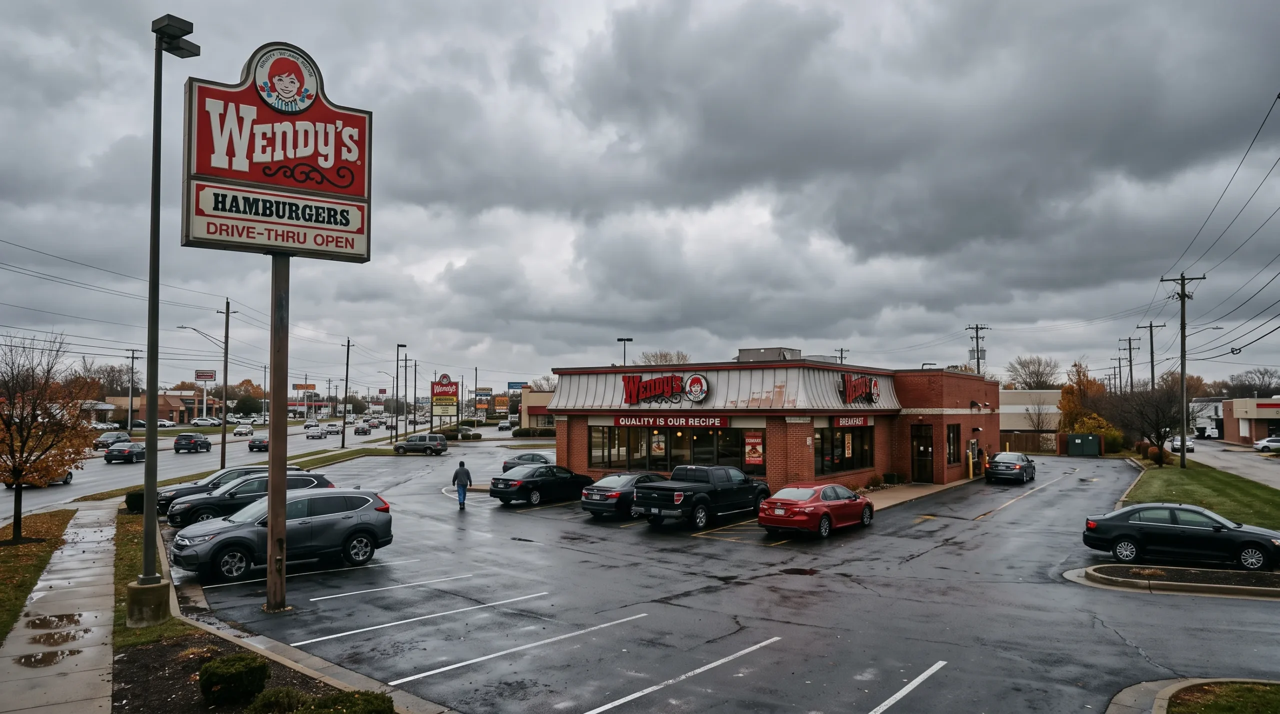Wendy's restaurant exterior sign photographed in overcast, moody lighting