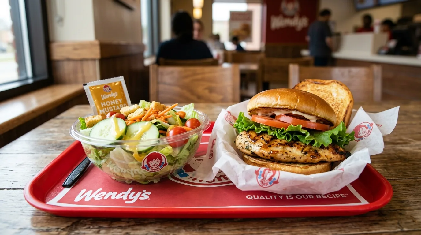 Wendy's side salad and grilled chicken sandwich on a branded tray