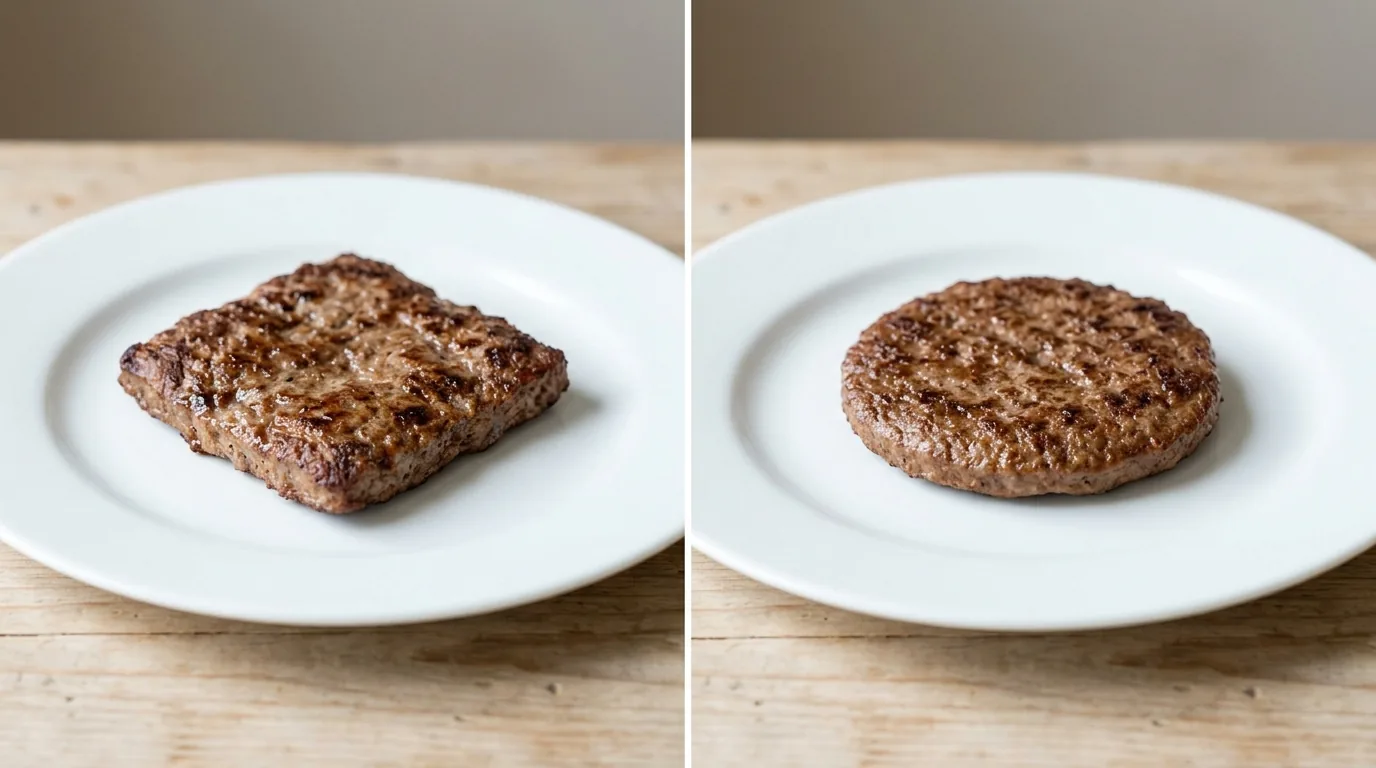 Side-by-side comparison of a square Wendy's burger patty and a round fast-food patty