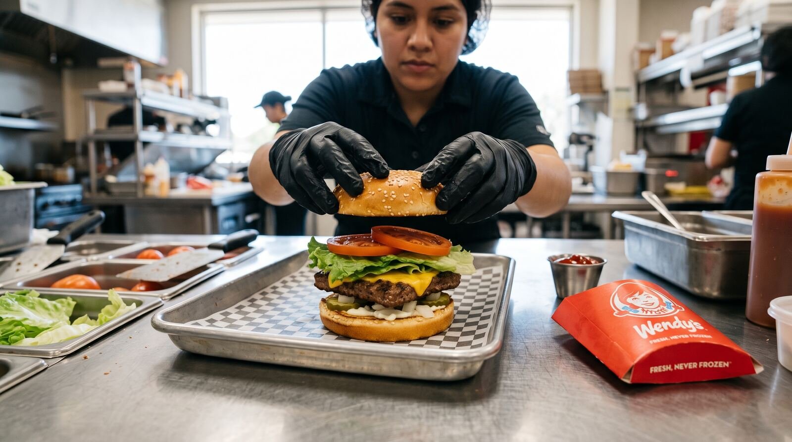 wendy's slogan – fresh Wendy's square-patty burger being assembled in the kitchen